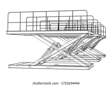 Scissors lift concept outline. Vector rendering of 3d. Wire-frame style. The layers of visible and invisible lines are separated