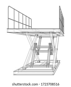 Scissors lift concept outline. Vector rendering of 3d. Wire-frame style. The layers of visible and invisible lines are separated