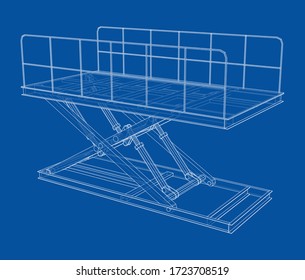 Esquema de concepto de elevación de tijeras. Representación vectorial de 3d. Estilo de marco de cables. Las capas de líneas visibles e invisibles están separadas