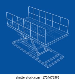 Scissors lift concept outline. Vector rendering of 3d. Wire-frame style. The layers of visible and invisible lines are separated