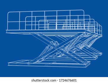 Scissors lift concept outline. Vector rendering of 3d. Wire-frame style. The layers of visible and invisible lines are separated