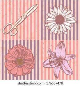Scissors, lily, daisy and zinnia flower sketch, vector seamless pattern