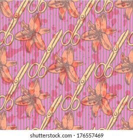 Scissors and lily flower sketch, vector seamless pattern