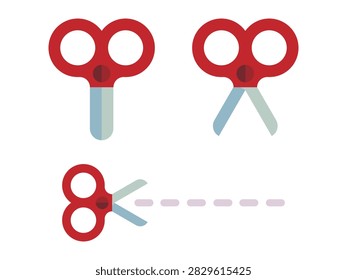 Scissors with line of cut icon set. Red stationery scissor in open and closed position isolated on white background. Sewing, tailor and cutoff symbol. Dotted dash cutting line guide. Vector illustration EPS 10.

