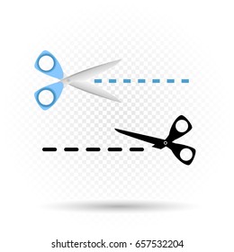 Scissors line cut symbol silhouette with shadow on transparent background