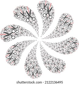 Scissors line icon centrifugal motion petals salute shape. Flower centrifugal explosion composed from random scissors line symbols.