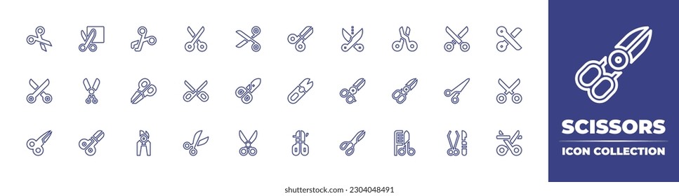 Colección de iconos de línea de tijeras. Trazo editable. Ilustración vectorial. Conteniendo tijeras, tijeras, peine, herramientas quirúrgicas, esterilización.