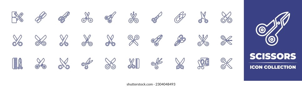 Kollektion von Scheren-Zeilensymbolen. Bearbeitbarer Strich. Vektorgrafik. Schere, Entenscheren, Nähen, Schneiden, Ausschneiden, Putzen, Friseur, Schneiderschere, Schere enthaltend.