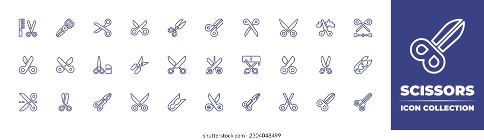 Colección de iconos de línea de tijeras. Trazo editable. Ilustración vectorial. Conteniendo tijeras, tijeras, tijeras de sastre, tijeras de coser.