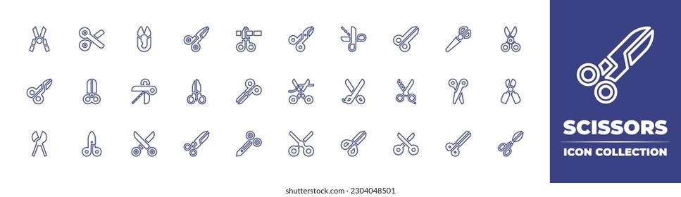 Scissors line icon collection. Editable stroke. Vector illustration. Containing scissors, shears, comb, cut card, medical tools.