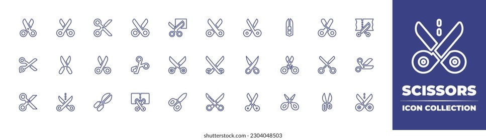 Kollektion von Scheren-Zeilensymbolen. Bearbeitbarer Strich. Vektorgrafik. Schere, geschnitten, Nähschere, Schere, Schnittschere.