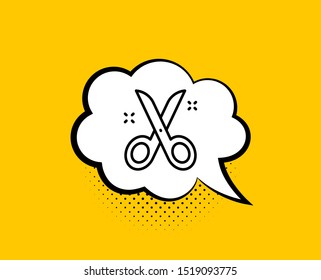 Scissors line icon. Comic speech bubble. Cutting tool sign. Tailor utensil symbol. Yellow background with chat bubble. Scissors icon. Colorful banner. Vector