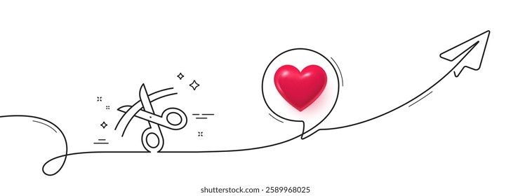 Scissors line icon. Continuous line with share plane. Cutting ribbon sign. Tailor utensil symbol. 3d heart in speech bubble. Scissors single line ribbon. Loop curve pattern. Vector