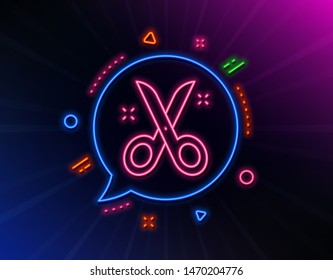 Scissors line icon. Neon laser lights. Cutting tool sign. Tailor utensil symbol. Glow laser speech bubble. Neon lights chat bubble. Banner badge with scissors icon. Vector