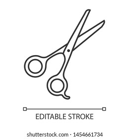 Scissors linear icon. Haircutting shears. Cutting instrument with finger brace, tang. Hairstylist accessory. Thin line illustration. Contour symbol. Vector isolated outline drawing. Editable stroke