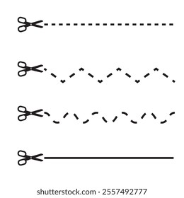 Scissors and lines. Dotted cut symbols. Simple vector illustration. Black graphic design.