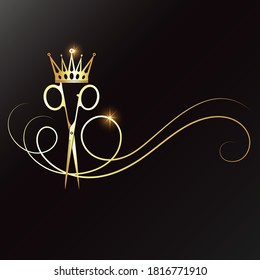 Scissors with a lock of hair and gold crown symbol for beauty salon	