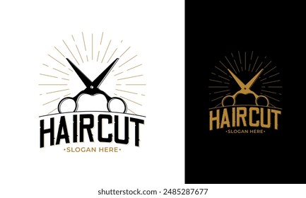 Scissors logo design. Haircut symbol with lettering and shine concept. Retro barbershop vector icon