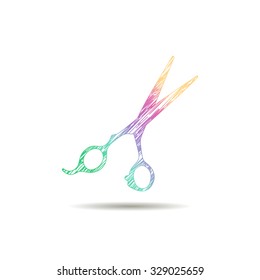 scissors logo is painted in the colors of the rainbow
