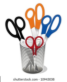 Scissors: Long blade scissors (dressmaker shears), heavy duty shears, embroidery scissors, standard size scissors in a desk organizer for home, work, sewing, school, arts, crafts.  EPS8 compatible.