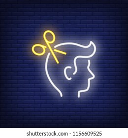 Scissors and man head neon sign. Barber shop, style and fashion concept. Advertisement design. Night bright colorful billboard, light banner. Vector illustration in neon style.