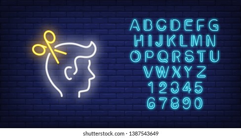 Scissors and man head neon sign. Barber shop, style and fashion concept. Advertisement design. Night bright colorful billboard, light banner. Vector illustration in neon style.