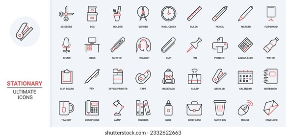 Scissors, marker and pencil in holder and box, paper document on flipboard or clipboard. Office and school supplies, stationary and equipment trendy red black thin line icons set vector illustration.