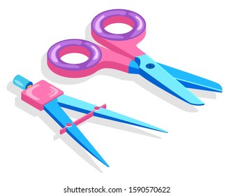 Scissors and measuring item vector, isolated object for office, back to school concept. Isometric cartoon of instrument used on lessons of art. Schooling and education, device to cut parts in half
