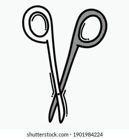 Tijeras Equipo médico doodle icono vector. Línea dibujada a mano en la ilustración del esbozo de dibujo.