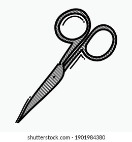Tijeras Equipo médico doodle icono vector. Línea dibujada a mano en la ilustración del esbozo de dibujo.