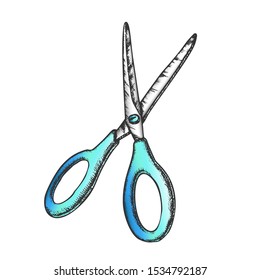 Scissors Metal Cutting Equipment Color Vector. Sharp Cutting Scissors. Stationery Or Hairdresser Tool Shear Engraving Concept Template Hand Drawn In Vintage Style Illustration