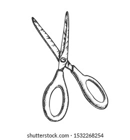 Scissors Metal Cutting Equipment Monochrome Vector. Sharp Cutting Scissors. Stationery Or Hairdresser Tool Shear Engraving Concept Template Hand Drawn In Vintage Style Black And White Illustration