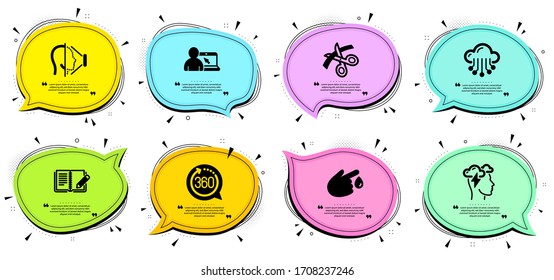 Schere, Achtsamkeitsspannung und 360 Grad Schilder. Chatblasen mit Zitaten. Cloud-Speicher, Blutspende und Gesichts-ID-Symbole gesetzt. Feedback, Online-Bildungs-Symbole. Datendienst, Verletzung. Vektorillustration