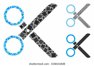 Scissors mosaic of irregular items in various sizes and color tinges, based on scissors icon. Vector tremulant pieces are combined into collage. Scissors icons collage with dotted pattern.