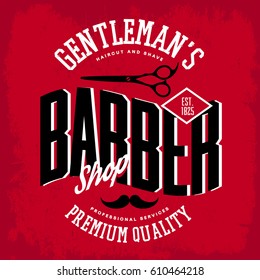 Scissors and mustache on barber shop logo or logotype. Man place for shaving beard and haircut, premium quality services for gentleman.Hairdresser sign or insignia, t-shirt print and advertising theme