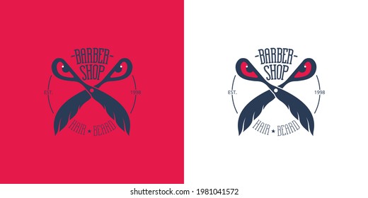 Scissors with a mustache and red eyes on a red and white background. Barber shop logo or emblem 