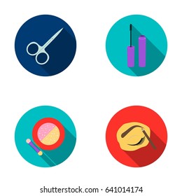 Scissors for nails, eyebrow pencil, mascara, powder with a brush.Makeup set collection icons in flat style vector symbol stock illustration web.