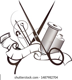 Scissors and needle cutting and sewing vector