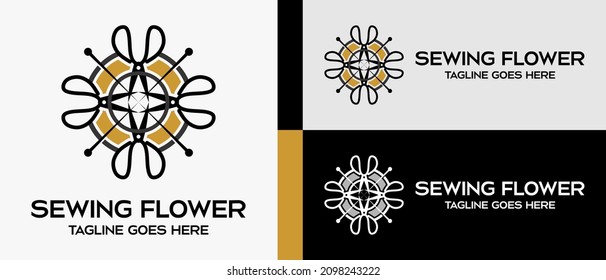 scissors and needle with flower shape silhouette. logo design template for tailor shop, sewing craft, textile production, confetti and garment. Vector illustration of fashion and clothes.