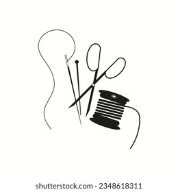 Scissors needle hairpin and spool of thread. Vector illustration