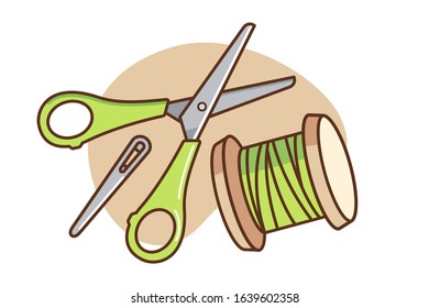 Scissors, needle and sewing thread cartoon illustration