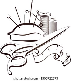 Scissors and needles with threads for sewing