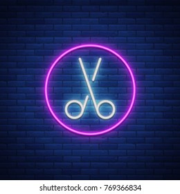 Scissors neon sign icon. Design element for logo, emblems for hairdresser and barbershop. Vector illustration