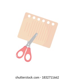 scissors and notebook page over white background, flat style, vector illustration