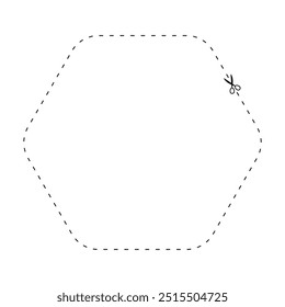 tesoura em forma de hexágono de linha tracejada, linha tracejada e tesoura, contorno de traço e tesoura