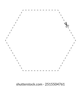 tesoura em forma de hexágono de linha tracejada, linha tracejada e tesoura, contorno de traço e tesoura