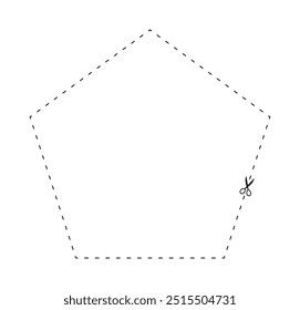 tesoura em forma de pentágono de linha tracejada, linha tracejada e tesoura, contorno de traço e tesoura