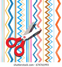 Scissors on Textile Background. Abstract Vector Oriental Backdrop.