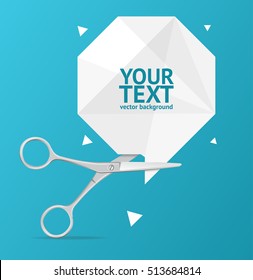 Scissors Origami Speech Bubble Banner on a Blue Background. Vector illustration for web site, coupon, voucher, placard. 