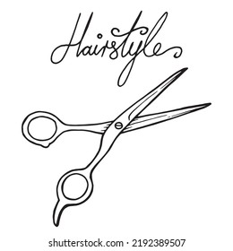 Scissors outline with hairstyle lettering logo illustration. Fashion accessories very handful in barbershop decoration. Hair salon tool hand drawn logo symbol. Beauty hair cuter for hair decoratio.